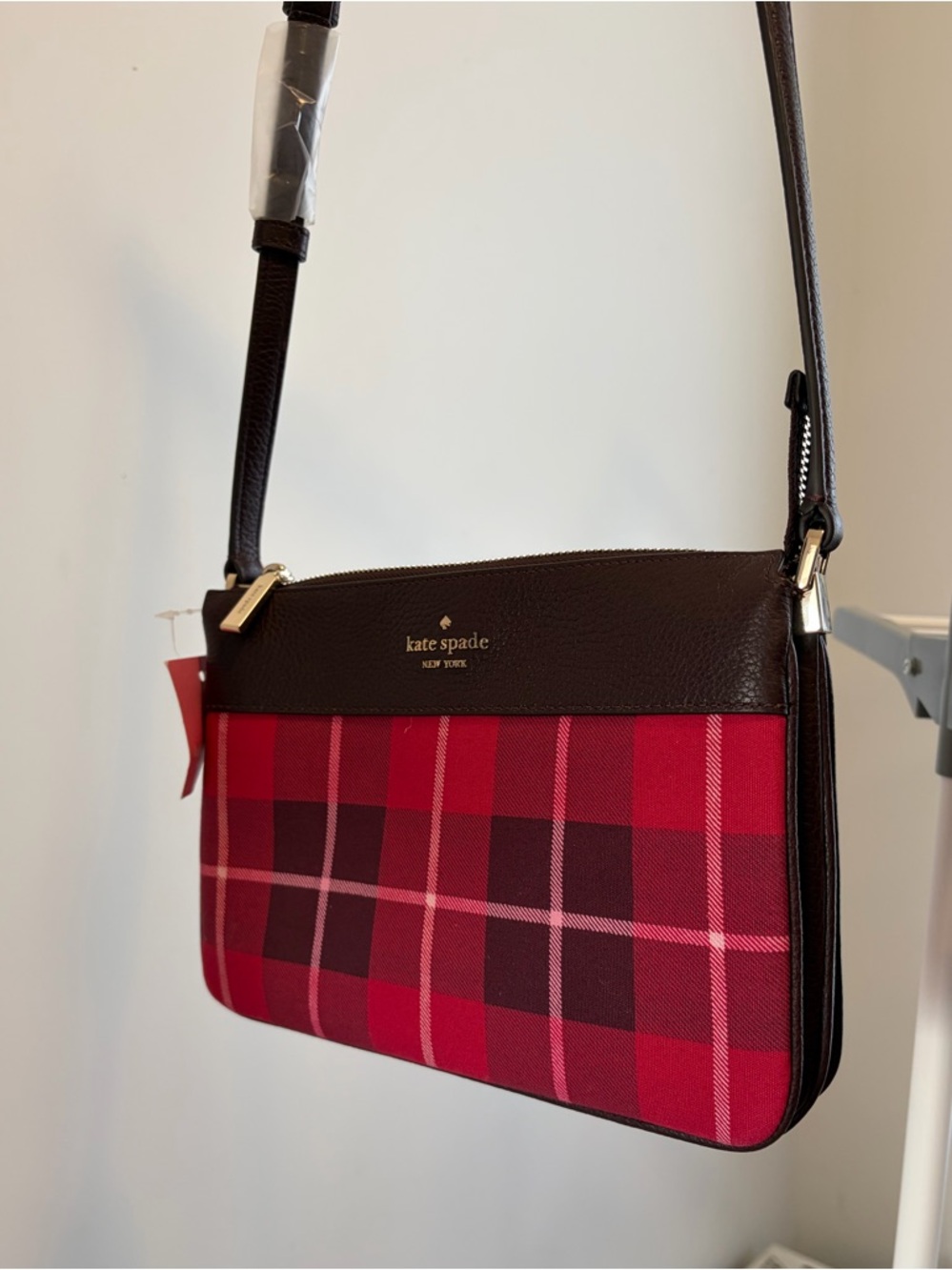 kate Spade Pink Plaid Crossbody with Brown Leather Trim